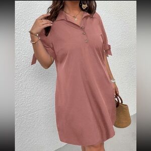 SHEIN Plus Knot Cuff Quarter Button Shirt Dress
